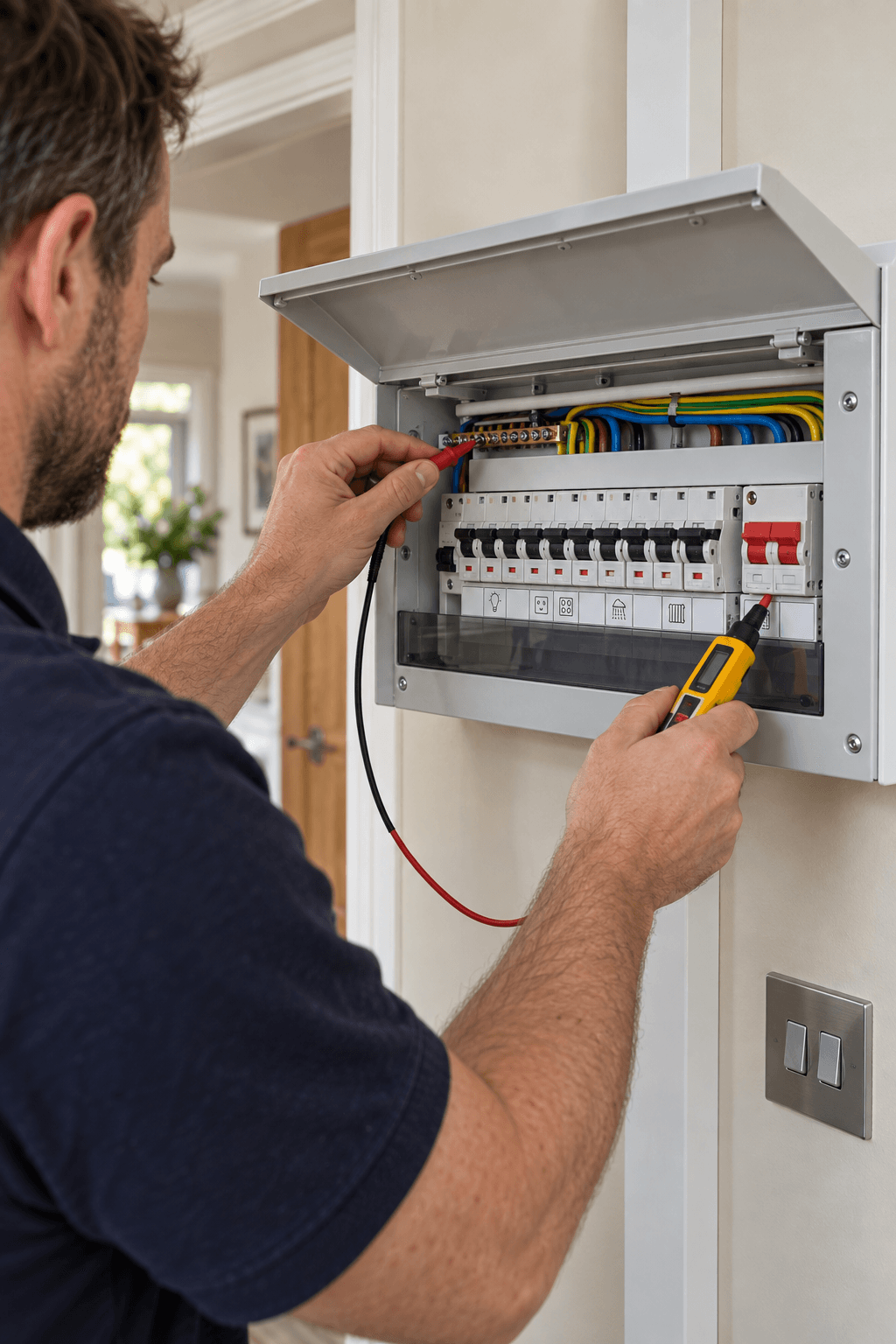 An electrician testing a consumer unit