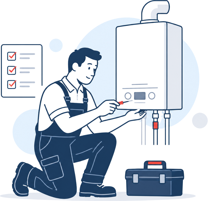 Illustration of an engineer working through a boiler checklist